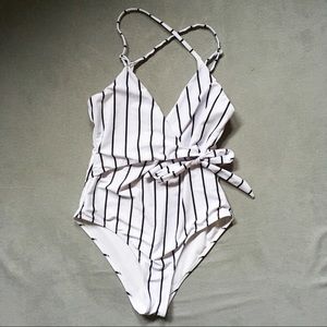 White and Black Stripe One-Piece Swimsuit